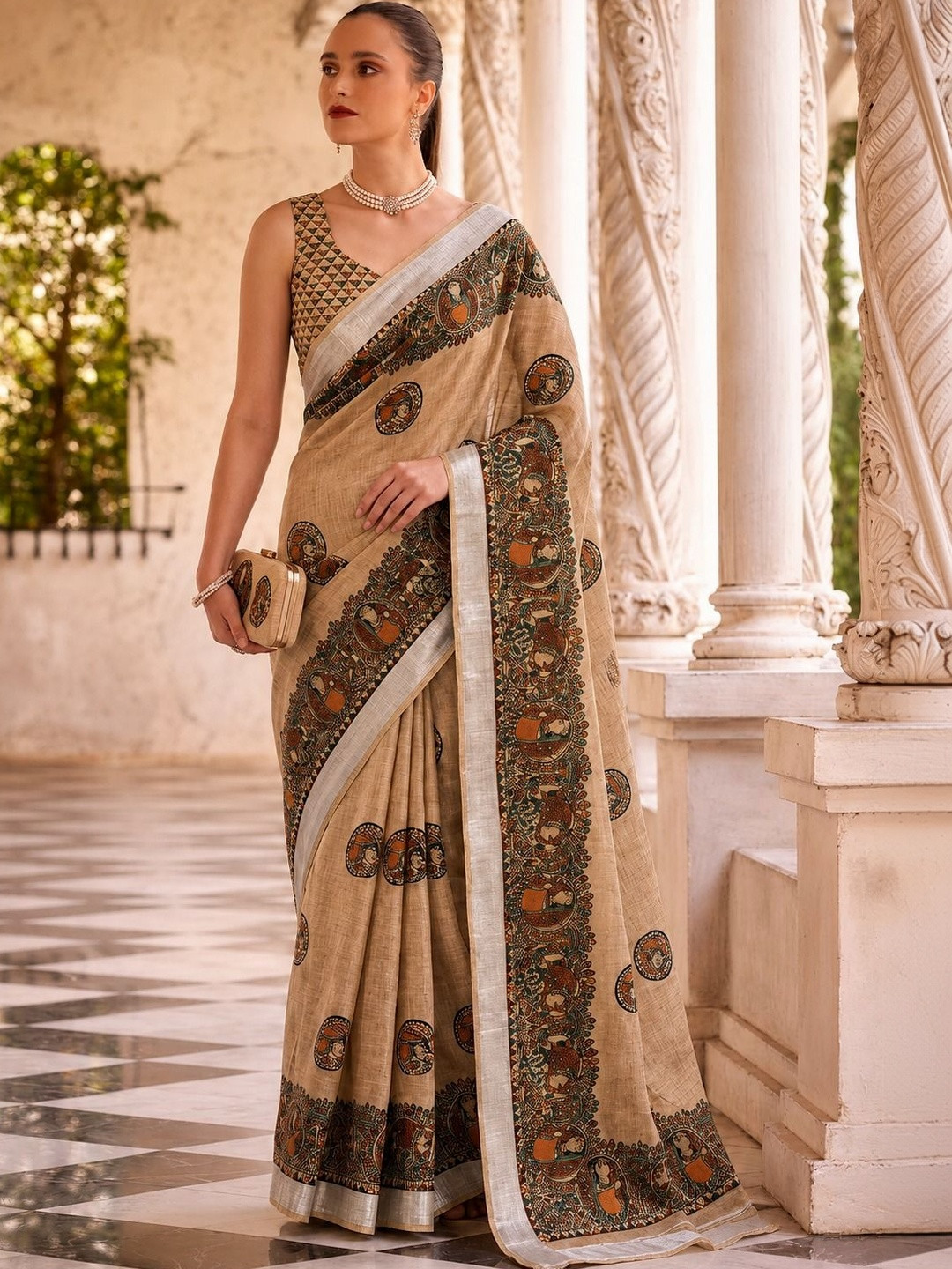 Varutex Ethnic Motifs Linen Blend Handloom Khadi Saree