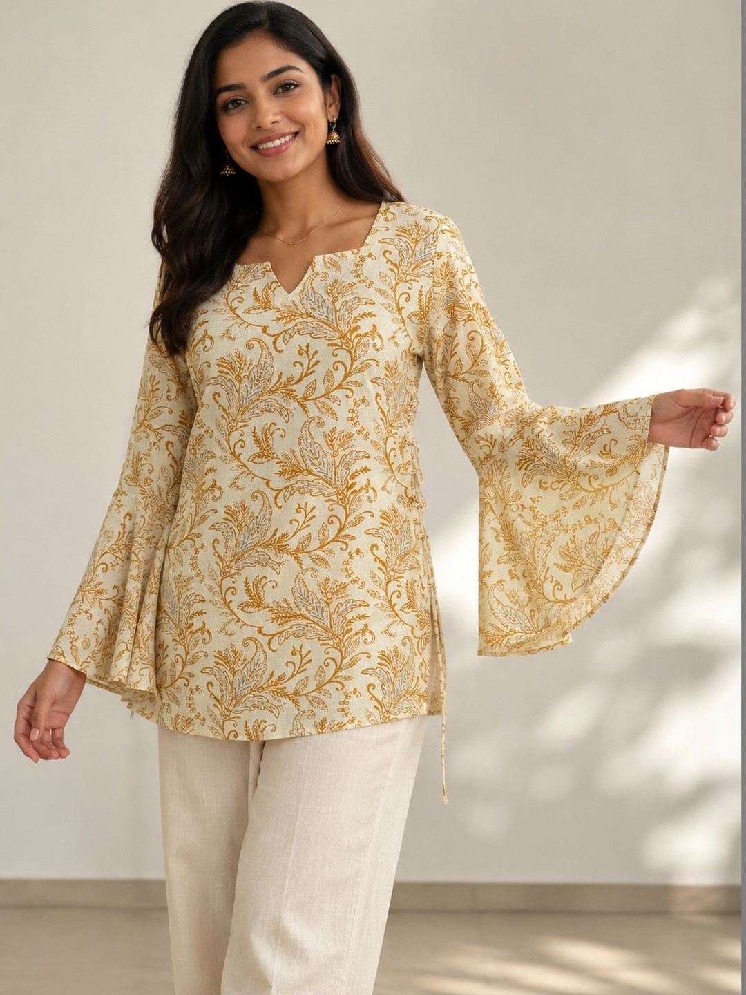 MFGIVA Paisley Printed Square Neck Flared Sleeves Pure Cotton Kurti