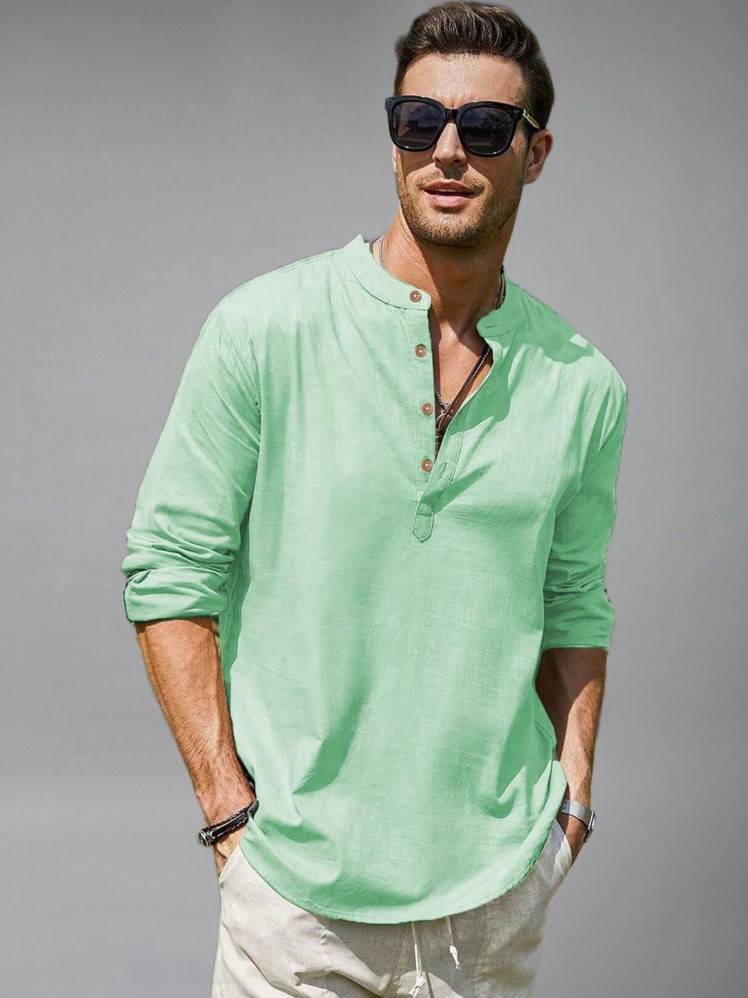 Vashuqi Men Mandarin Collar Long Sleeves Cotton Straight Kurta