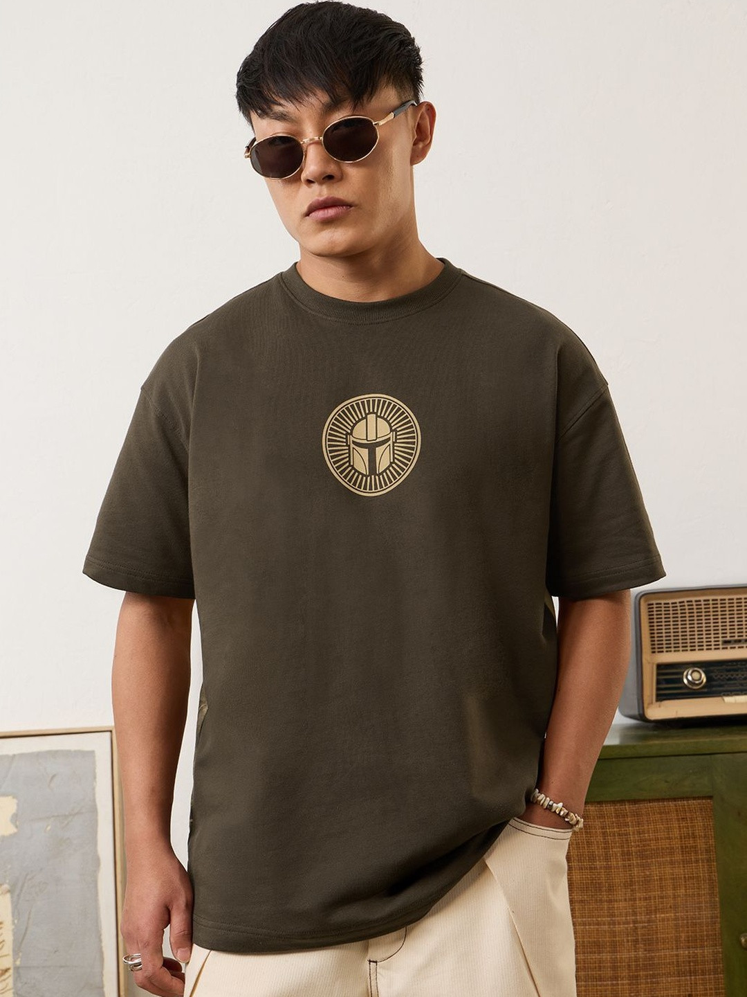The Souled Store Men Oversized Star Wars Printed Olive T-Shirts