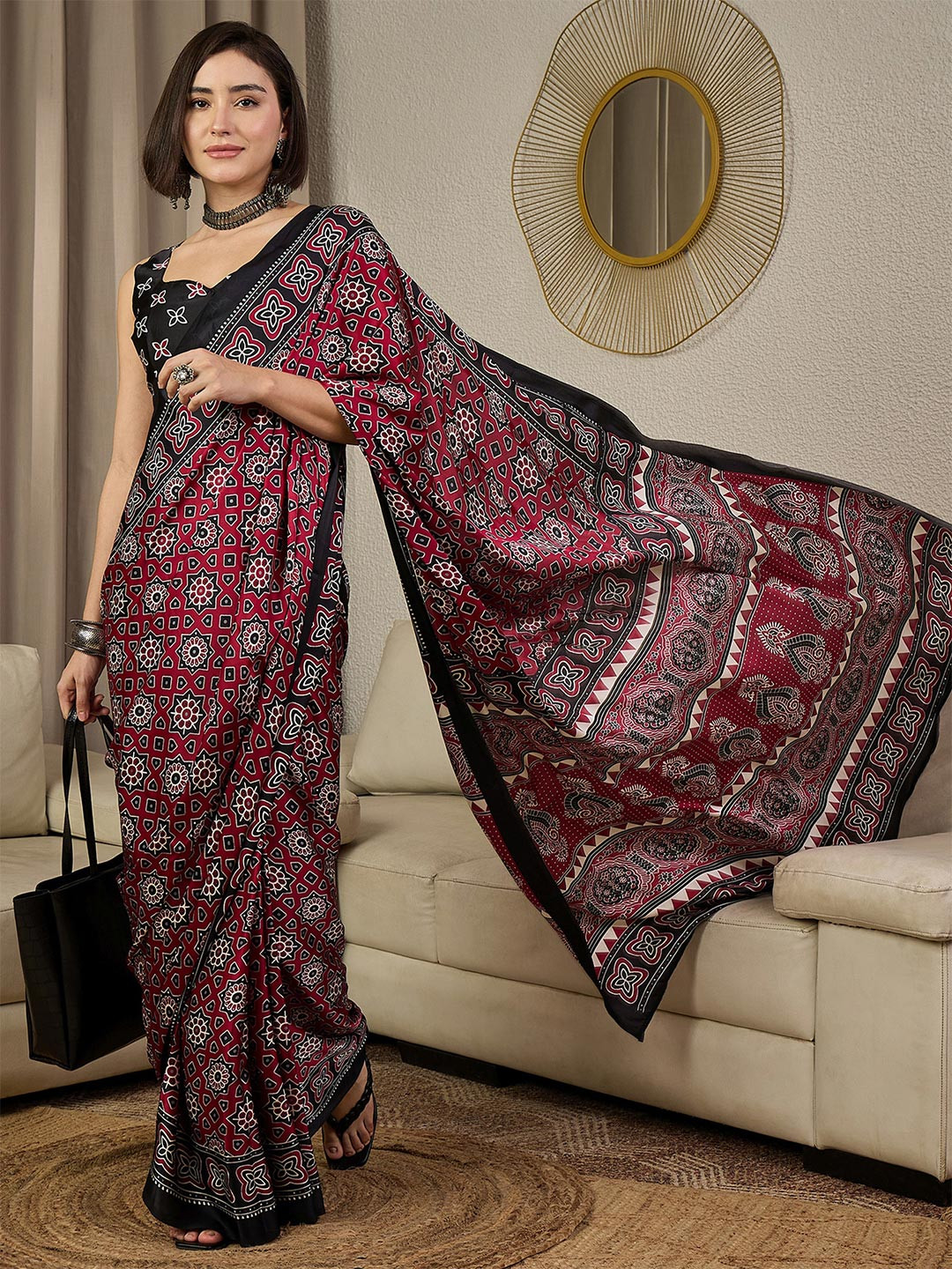 Anouk Rustic Ethnic Motifs Ajrak Pure Crepe Ready to Wear Block Print Saree