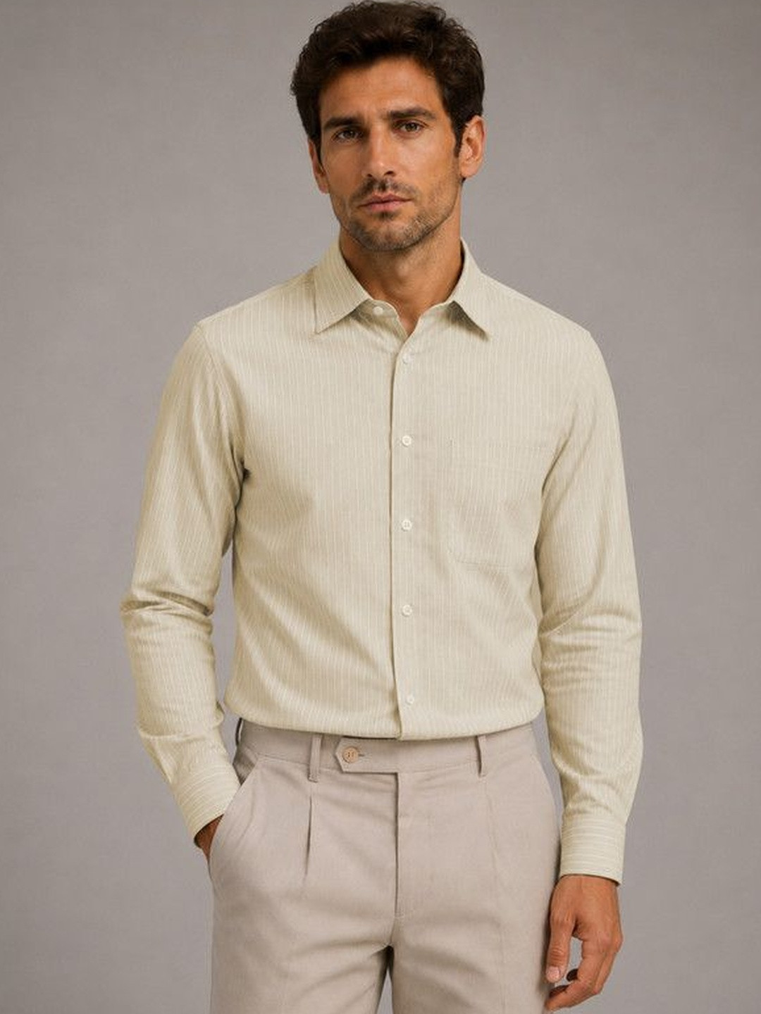 FRANKSHIRT Men Cream Pinstriped Oxford Cotton Regular Fit Full Sleeve Casual Shirt