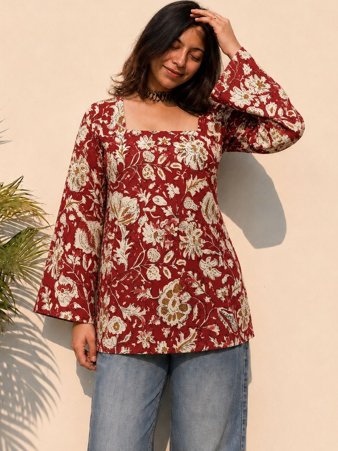 JAHIDA COMFORT WITH STYLE Floral Printed Square Neck Flared Sleeves Pure Cotton Kurti