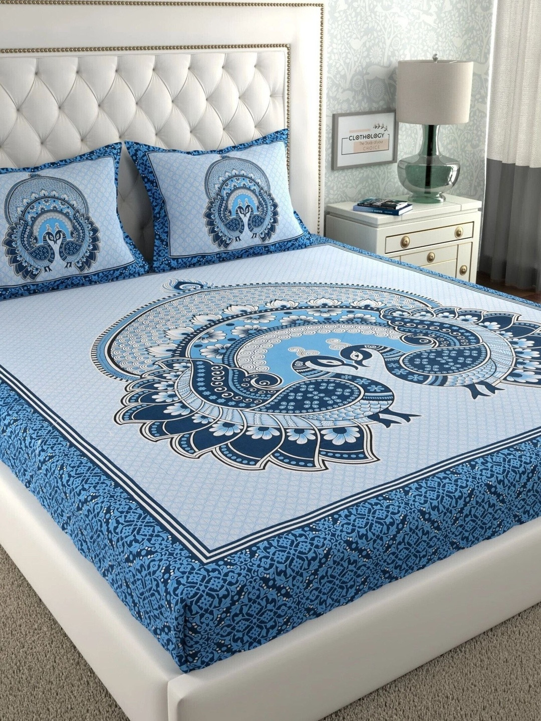 CLOTHOLOGY Sapphire Blue Mandala Peacock Mayura Heritage Cotton Double Flat 104 TC Jaipuri Prints Bedsheet Set