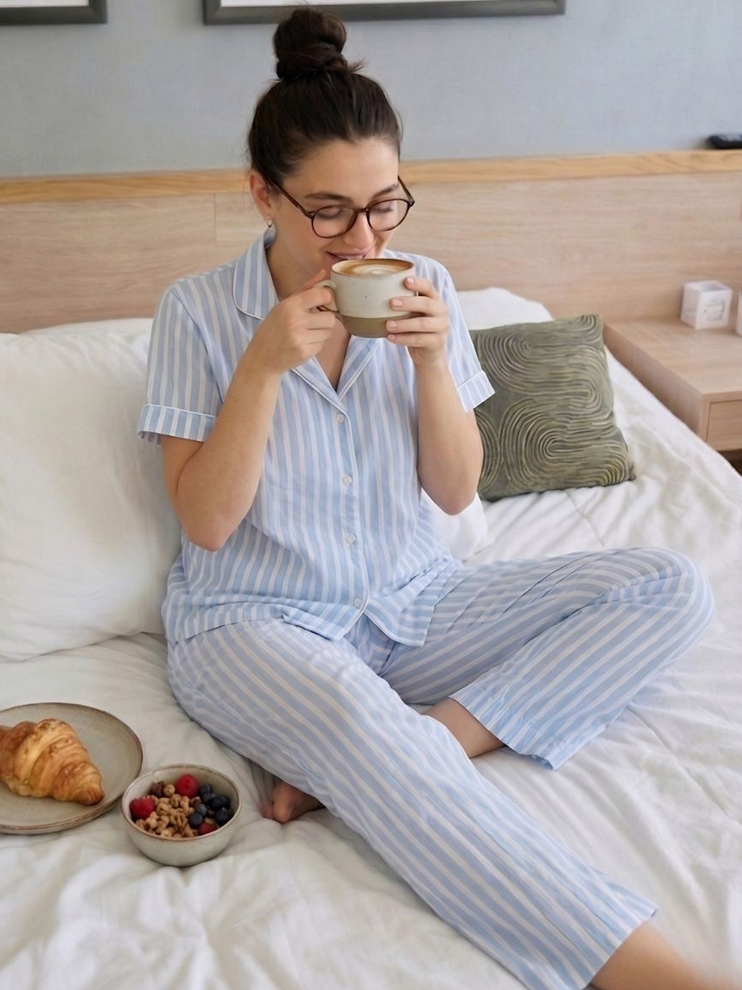 GlamZei Women Sky Blue Striped Cotton Night suit