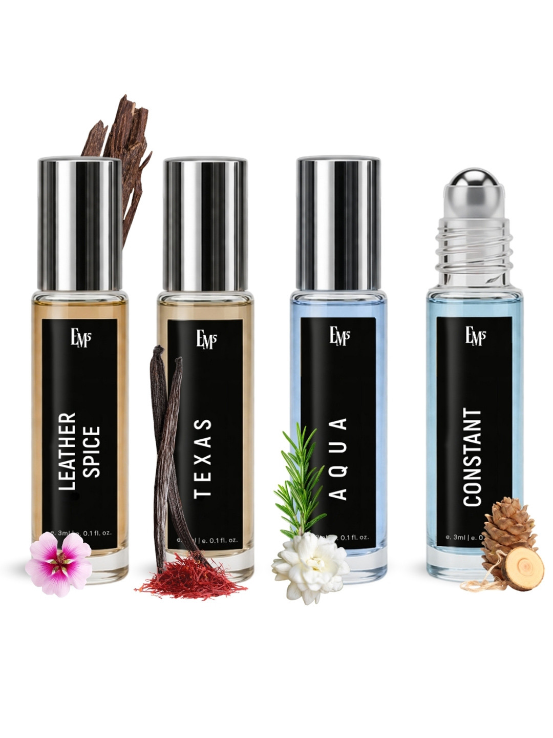 EM5 Men Set Of 4 Leather Spice Texas Aqua & Constant Long Lasting Perfume - 3 ml Each