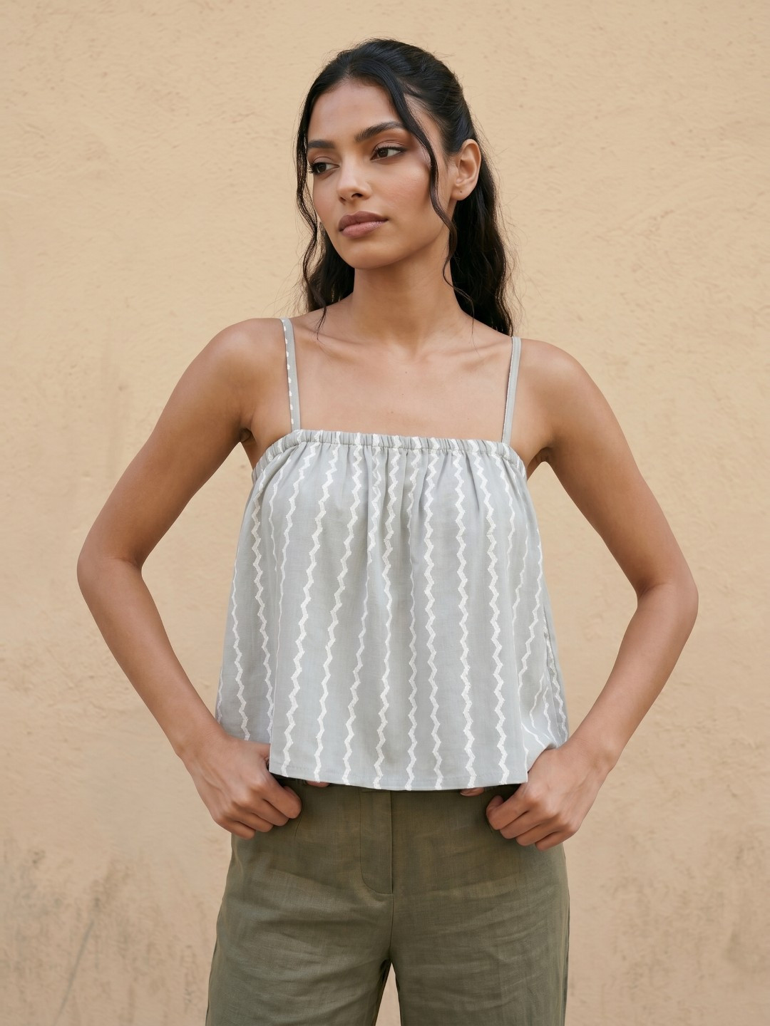 fusion by glitchez Geometric Printed Shoulder Straps Gathered A-Line Top
