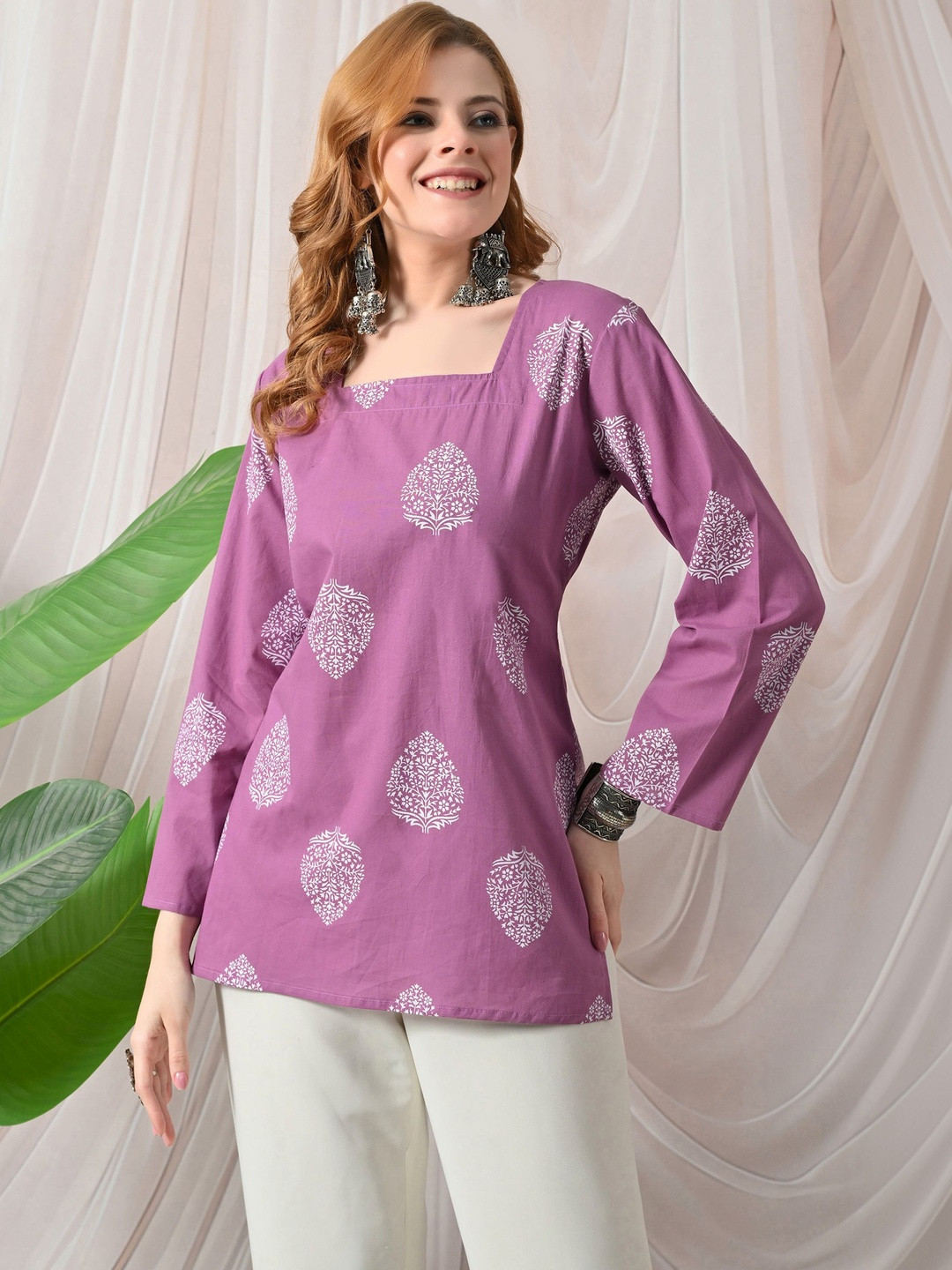 PHYSIL Ethnic Motifs Printed Square Neck Pure Cotton Kurti