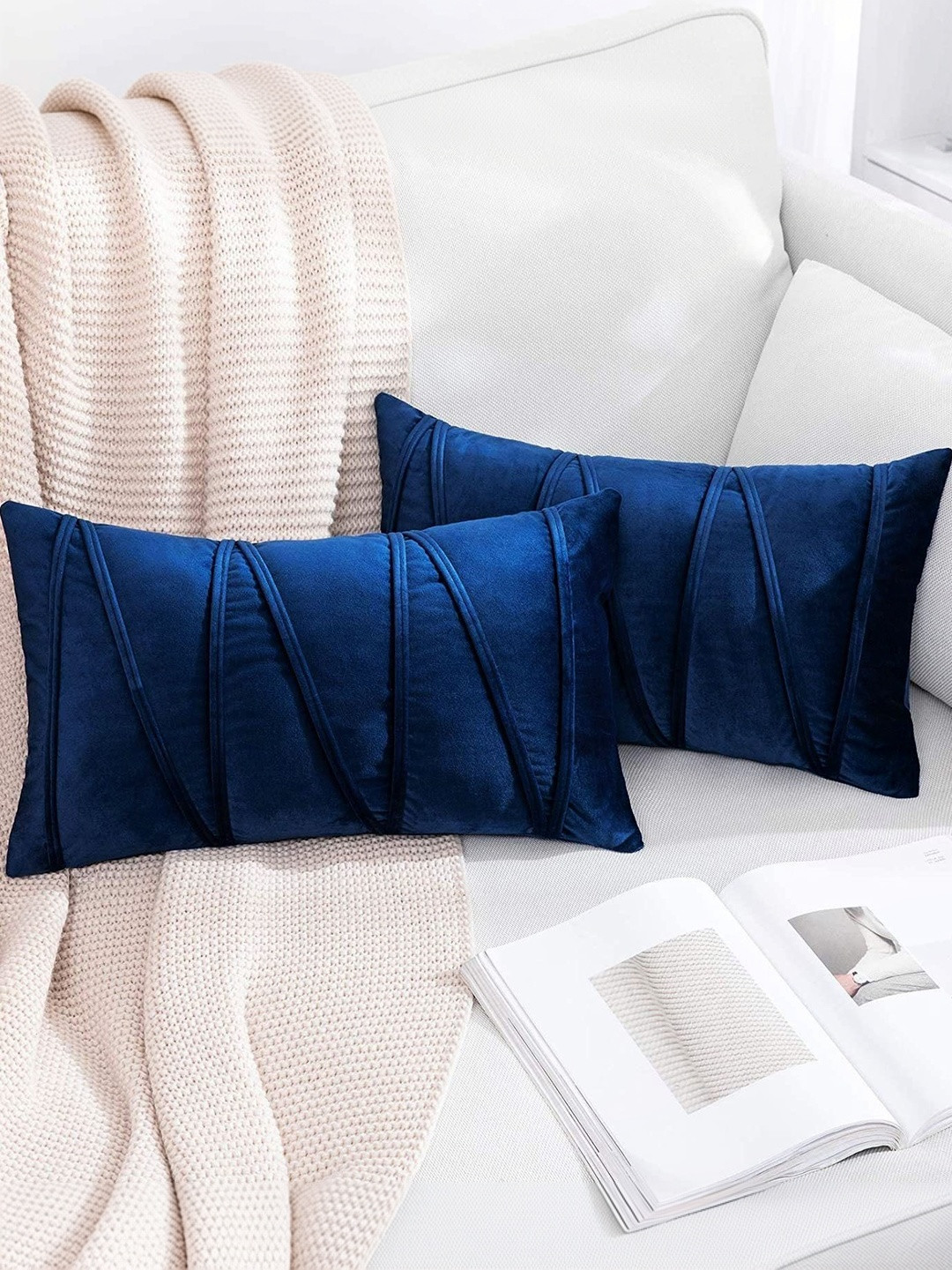 Khooti Navy Blue Set of 2 Abstract Velvet Rectangle Cushion Covers
