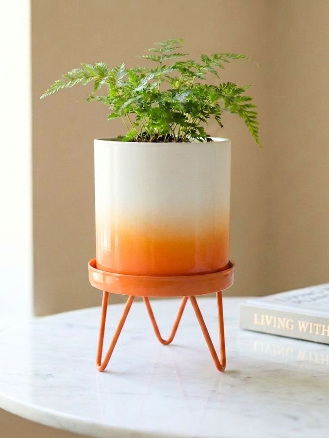 ecofynd Orange & White Colour-Blocked Metal Planter With Stand