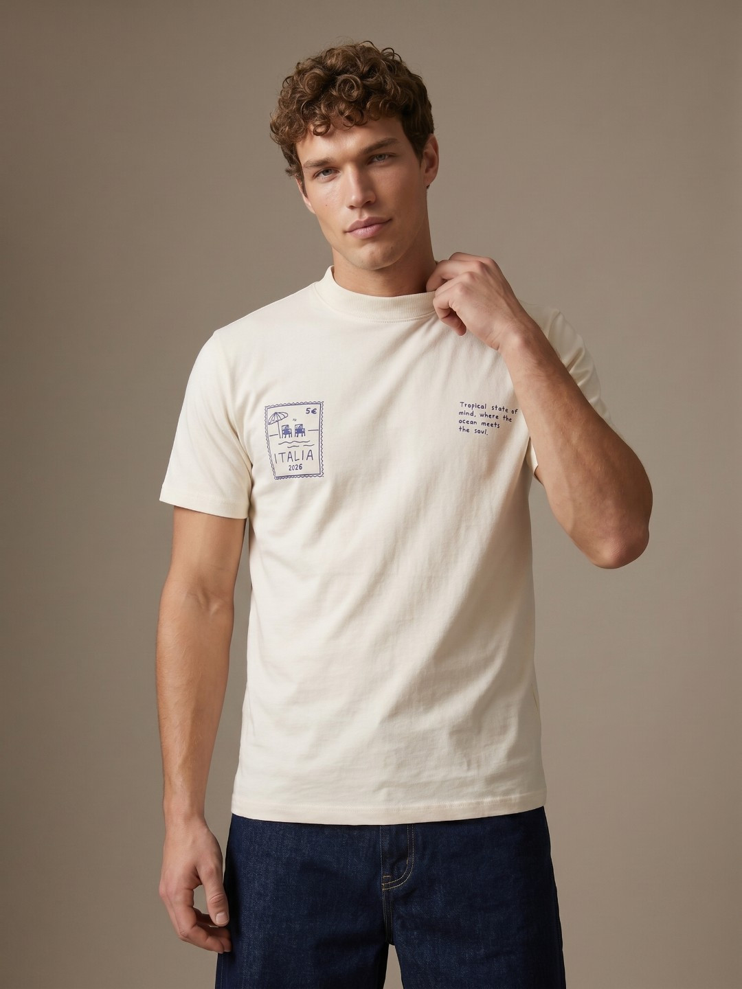 glitchez Cream Typography Relaxed Fit T-shirt