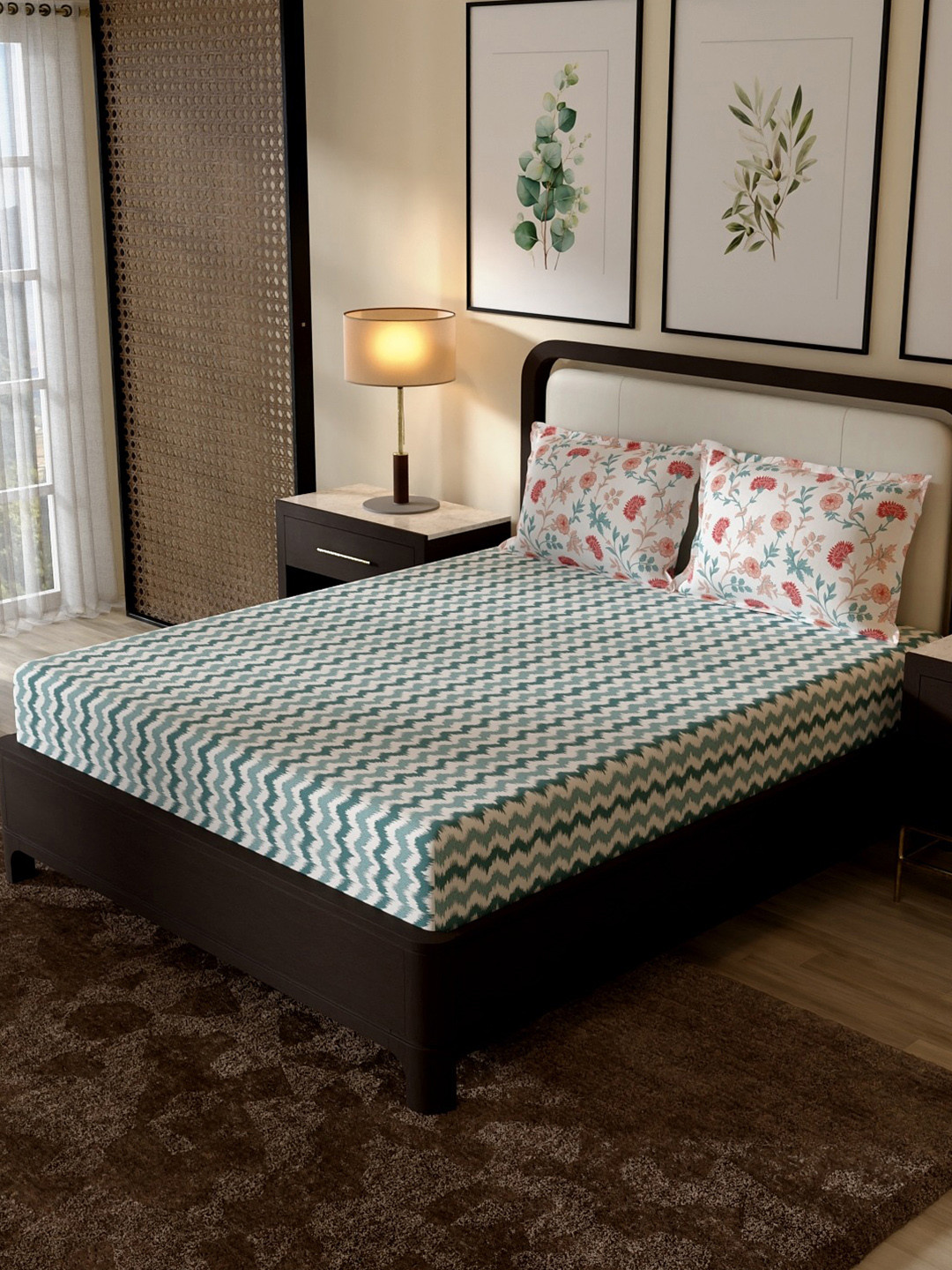 Portico New York Signature White Geometric 144 TC King Bedsheet with 2 Pillow Covers