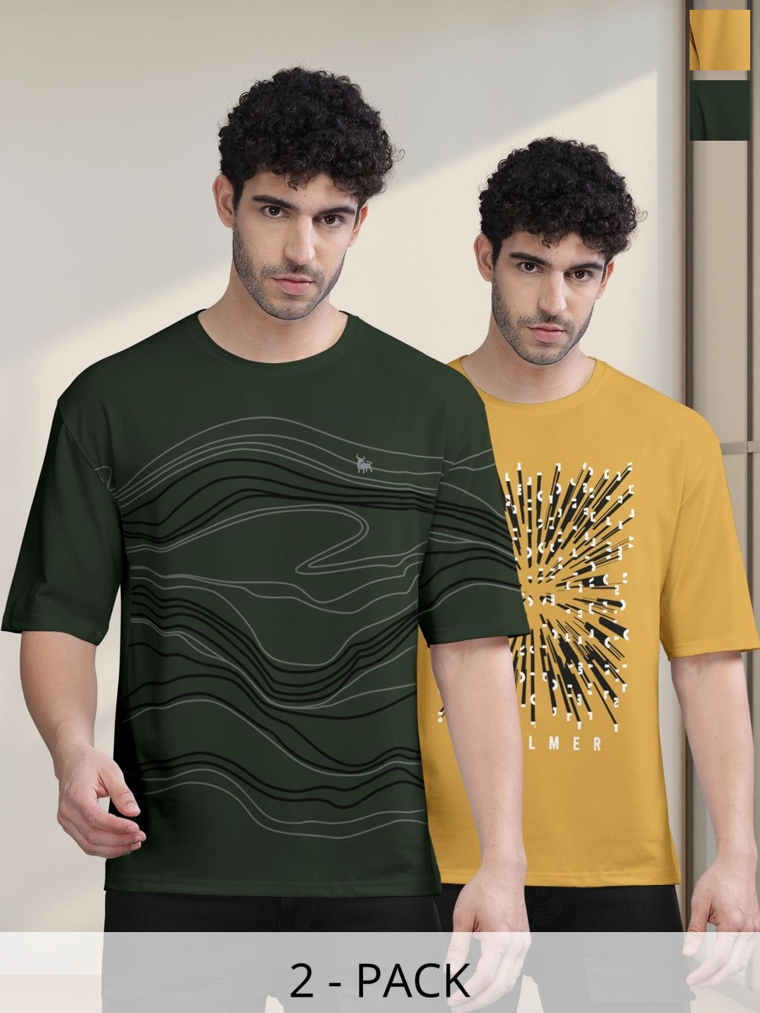 BULLMER Men Pack Of 2 Round Neck Printed Oversized T-shirts