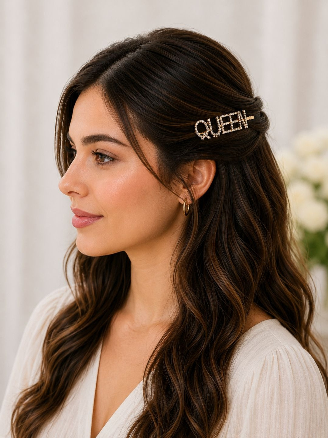 Proplady Women Gold-Toned & White Embellished Comb Pin