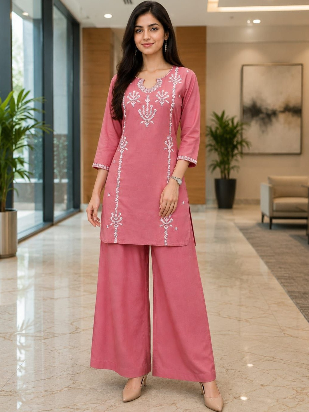 ROSHNI Women Floral Embroidered Scoop Neck Viscose Rayon Tunic With Trouser