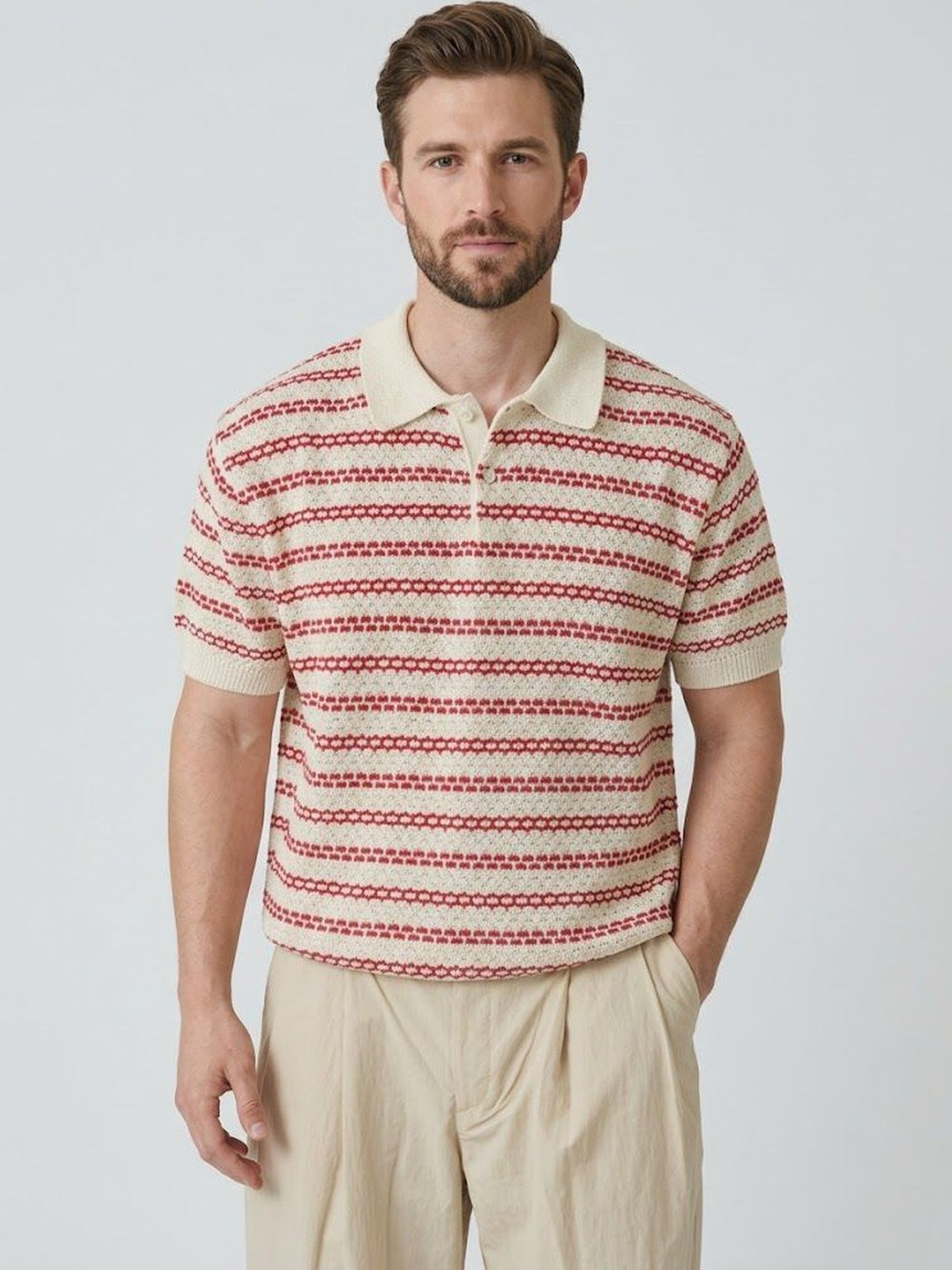 ANDREW HILL Men Striped Polo Collar Raw Edge T-shirt
