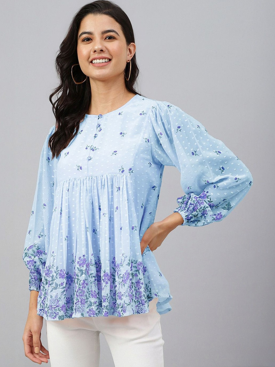 Janasya Blue Floral Print Puff Sleeve Georgette Top