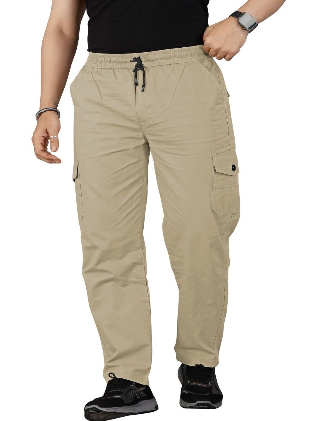 Men Khaki Solid Cargo Fit Drawstring Trousers with Utility Pockets