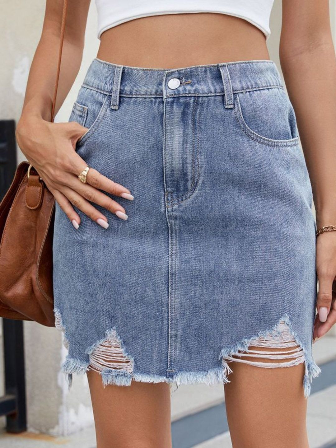 StyleCast Women Denim Washed Frayed Denim Mini Straight Skirt