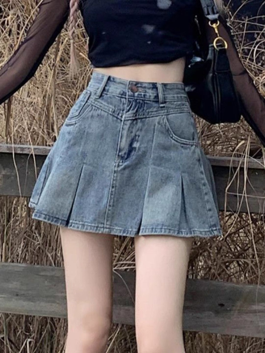 StyleCast Women Denim Blend Accordion Pleated Mini Flared Skirt