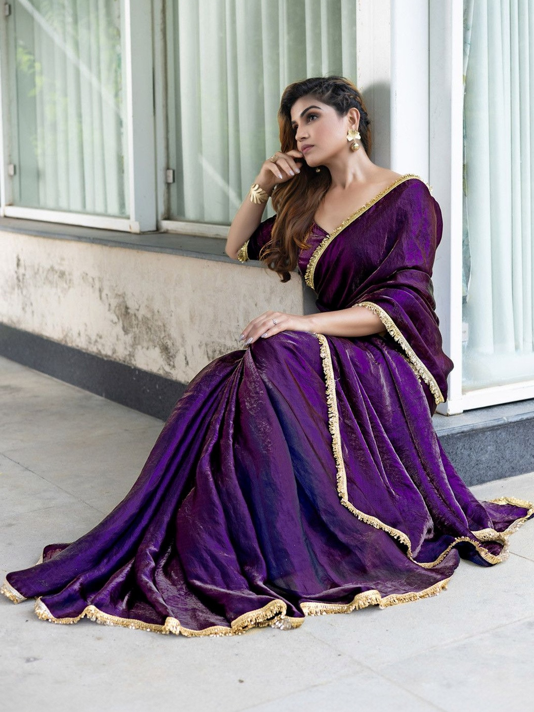 Branzios Woven Design Sequinned Satin Heavy Work Saree