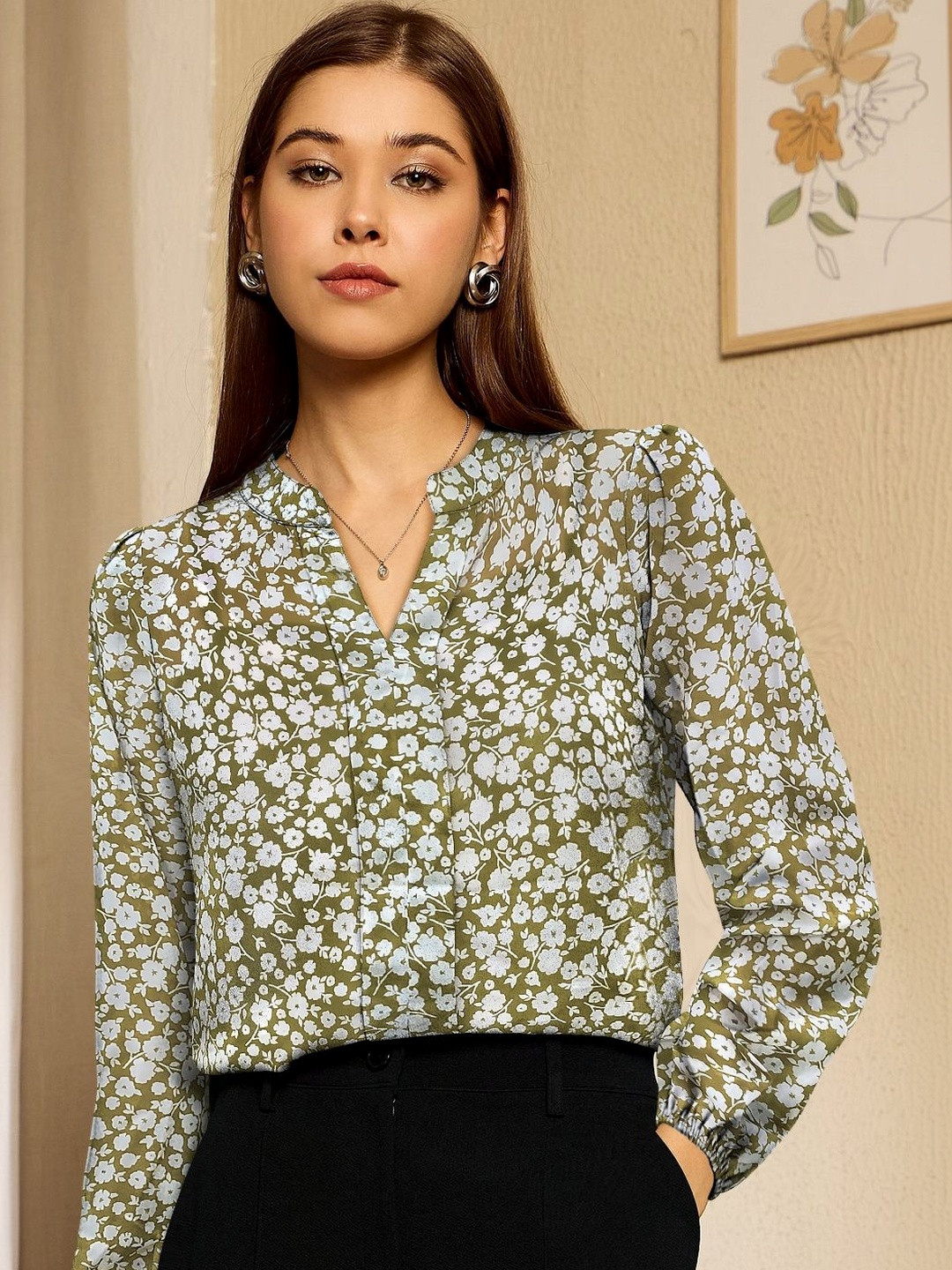SZN Floral Printed Mandarin Coller Top