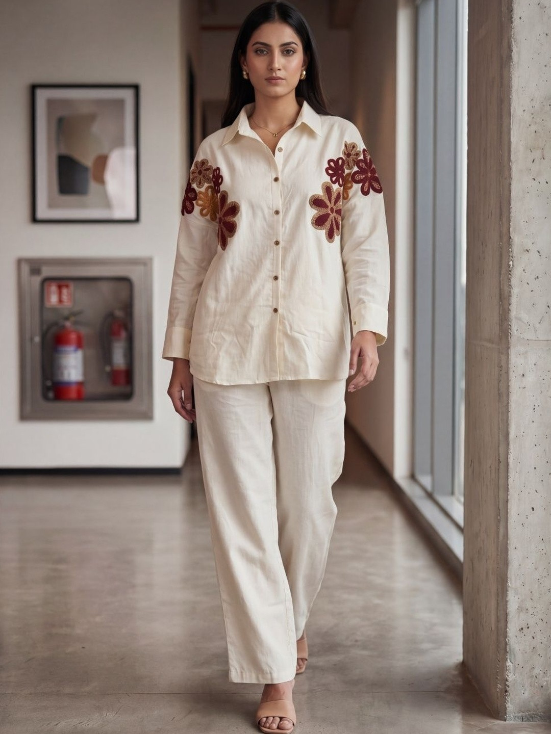 Indyanvastra Bohemian Linen Embroidered Shirt with Trousers
