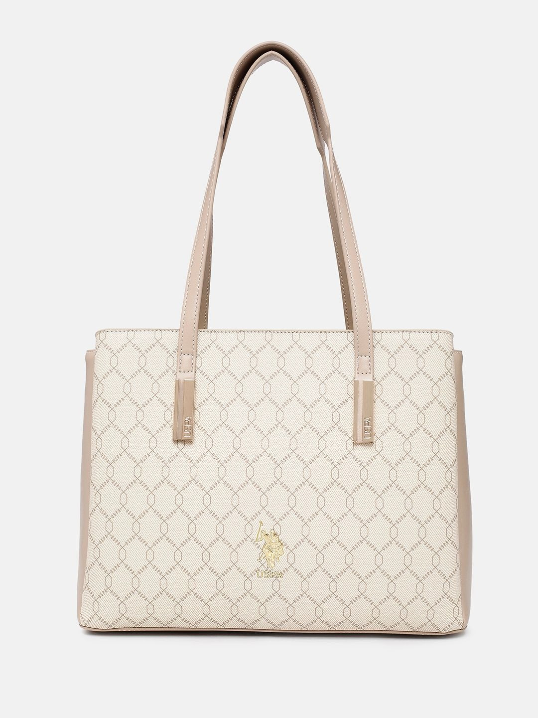 U.S. Polo Assn. Women Cia Beige Monogram Tote Handbag With Multi Compartments