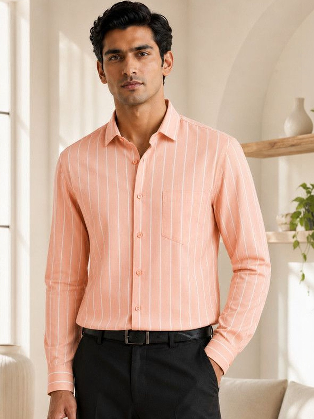 FRANKSHIRT Men Soft Peach Pinstriped Oxford Cotton Regular Fit Full Sleeve Casual Shirt