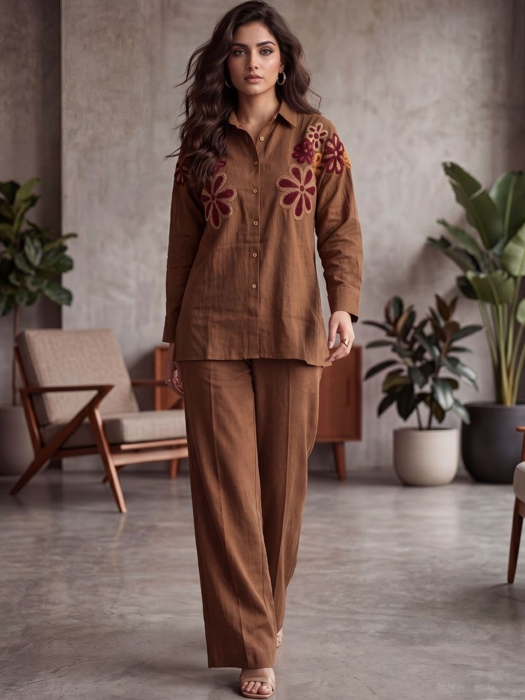 Indyanvastra Bohemian Linen Embroidered Shirt with Trousers
