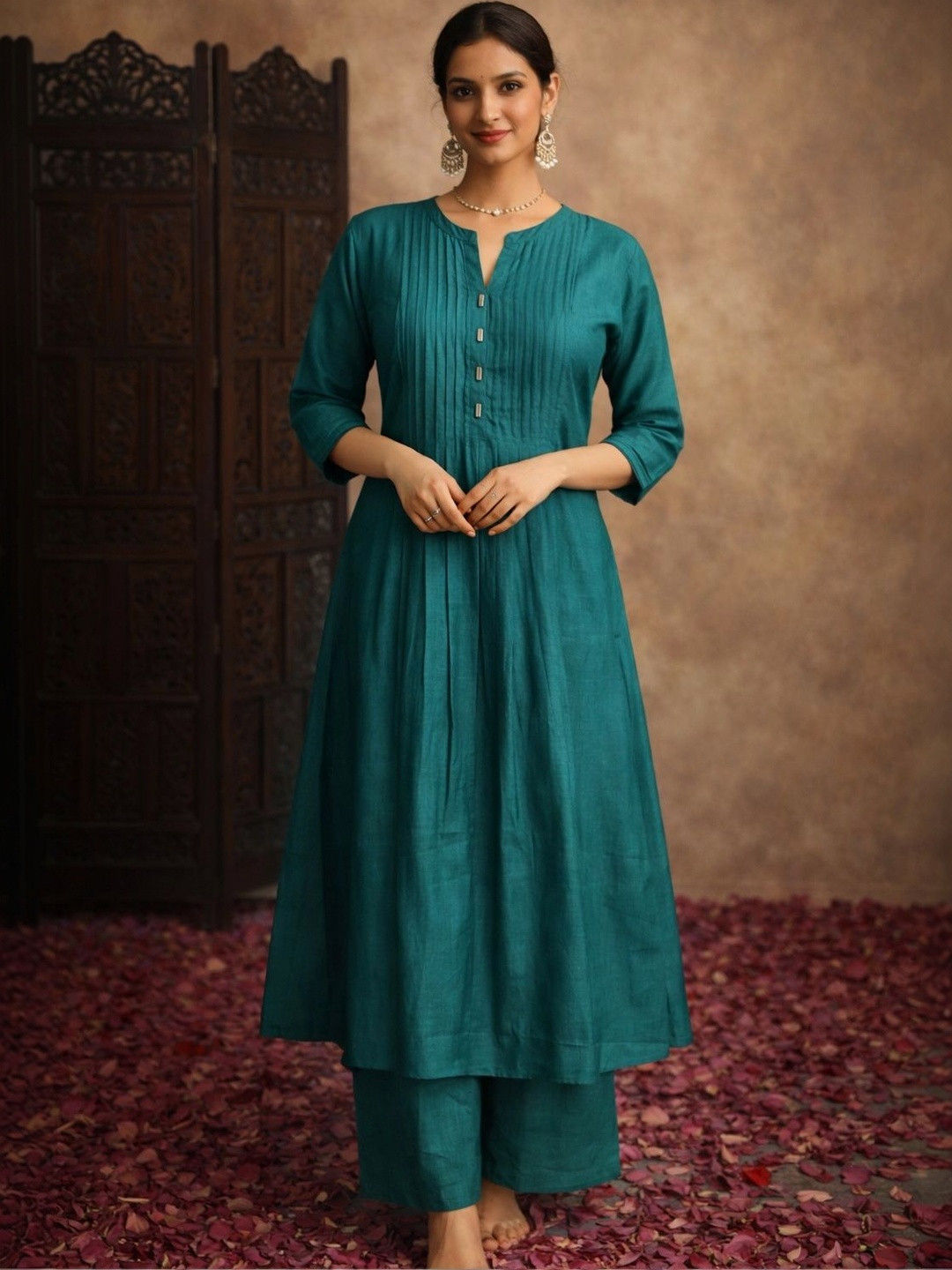 Sangria Women Pleated Pure Silk Kurta with Palazzos