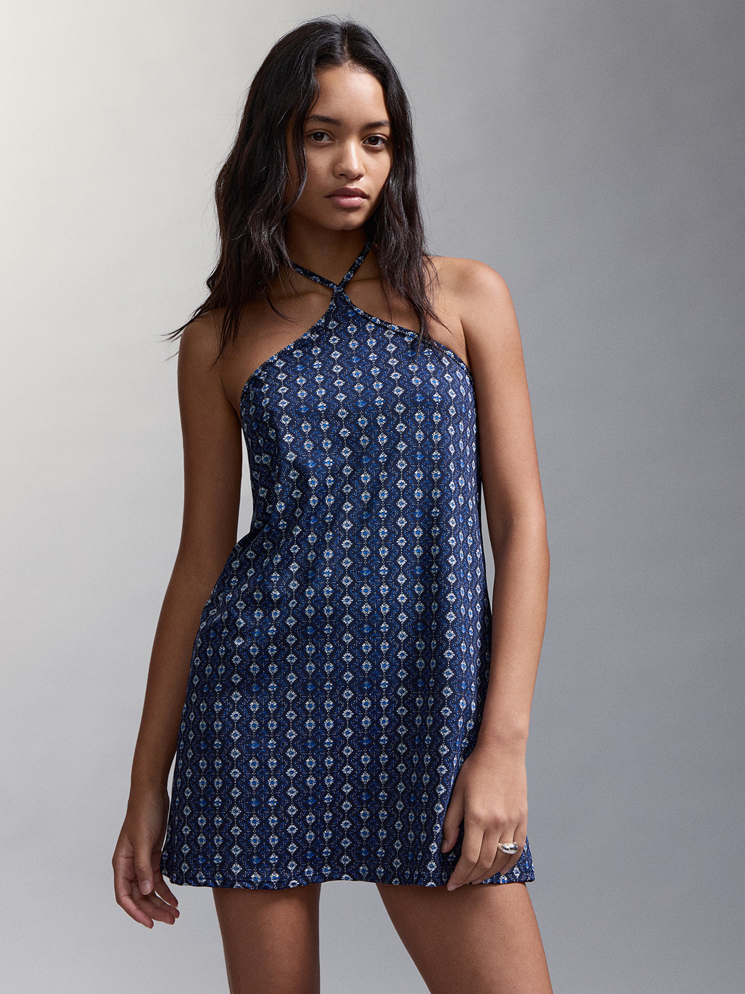 MANGO MNG Floral Printed Halter Neck A-Line Mini Dress