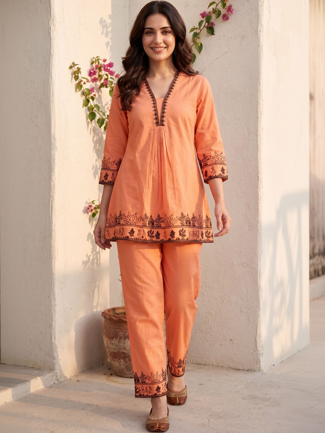 EVANORA Floral Cotton Embroidered Tunic with Palazzos