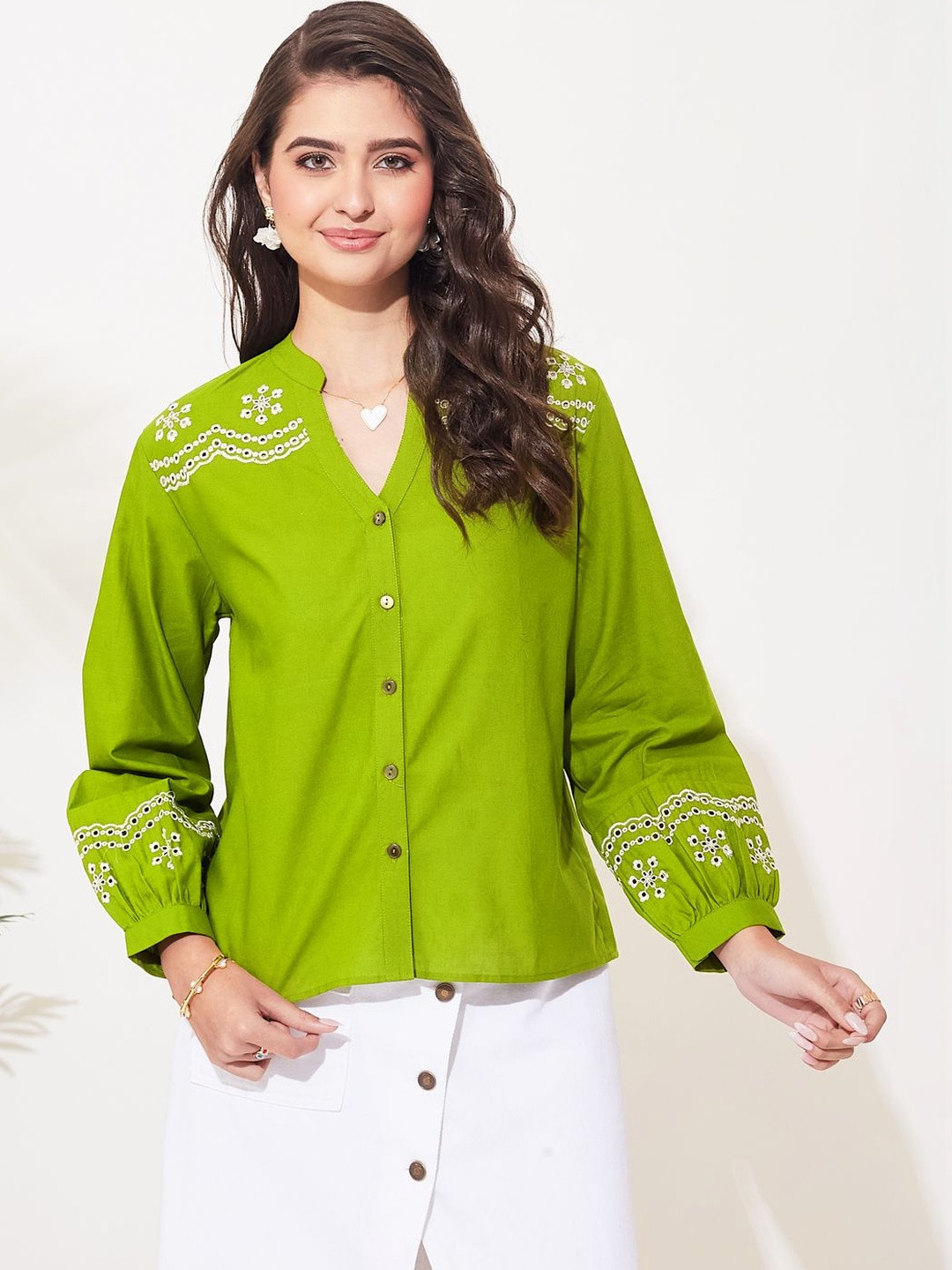 J Turritopsis Women Mehandi Green Cotton Embroidered Puff Sleeve Shirt