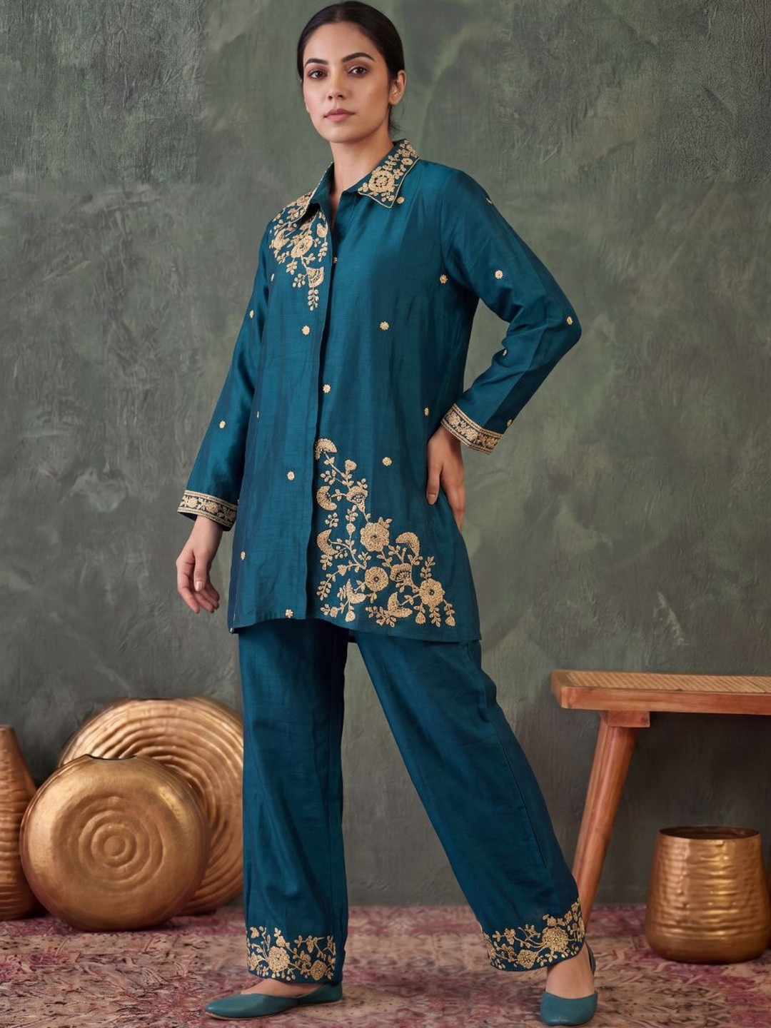 Indyanvastra Silk Embroidered Shirt with Trousers