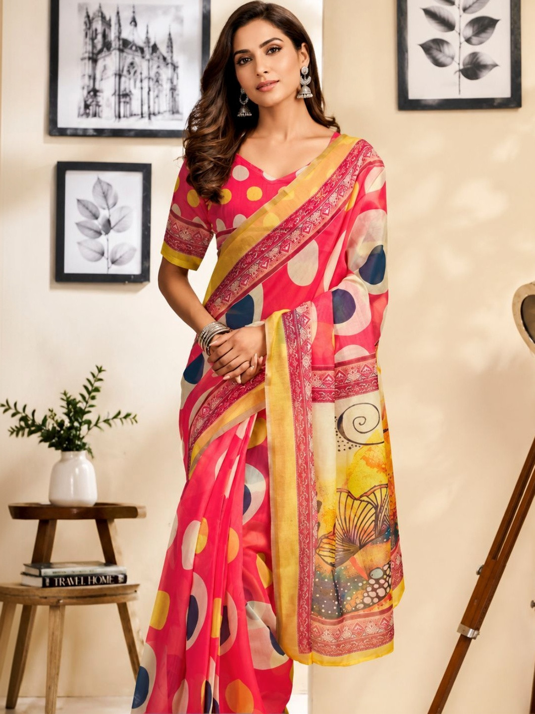 Dhaaga Ghar Pink Printed Chanderi Cotton Ready to Wear Saree