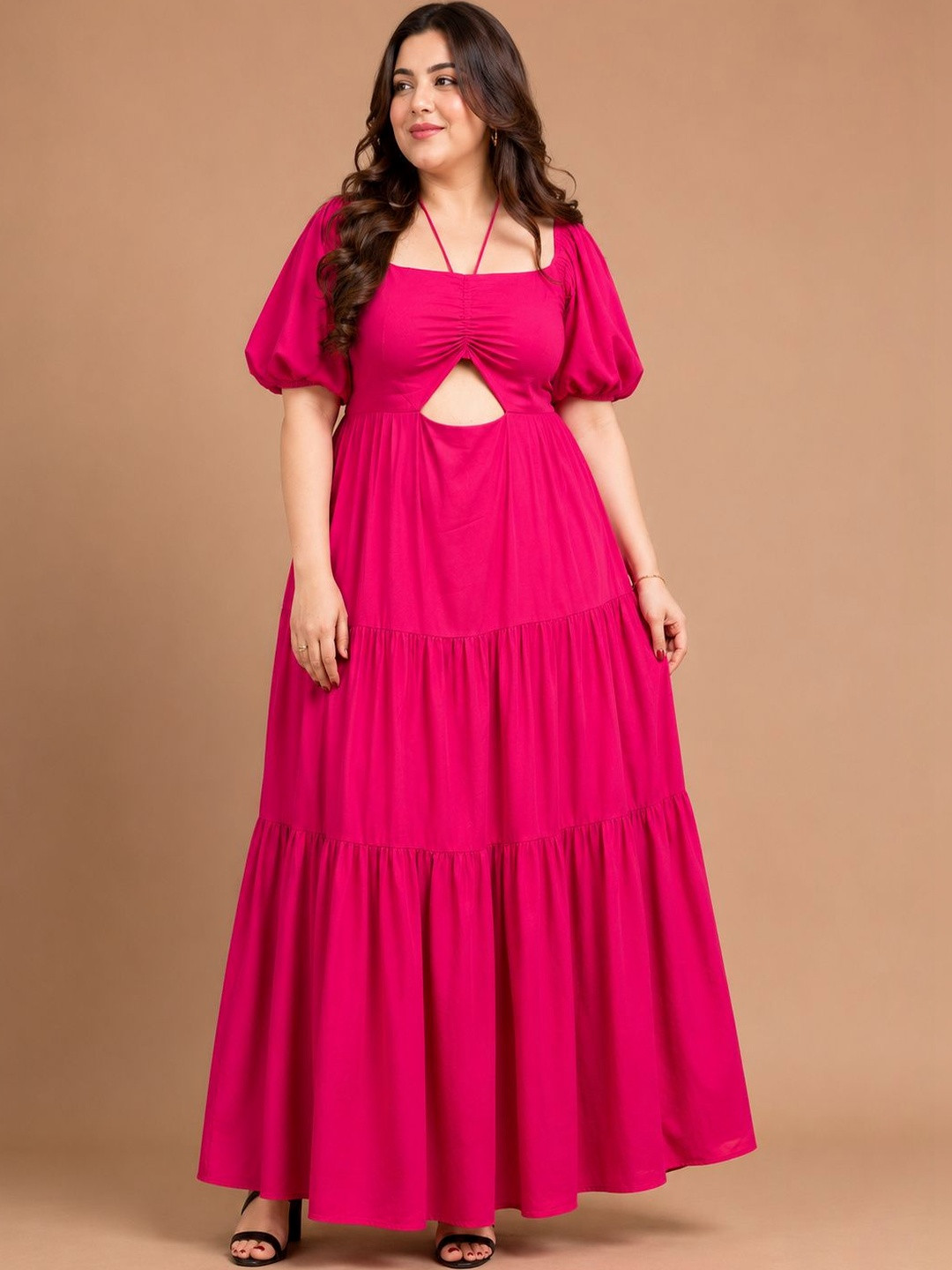STYLLEY Blushing Petal Puff Sleeve Fit & Flare Plus Size Maxi Dress