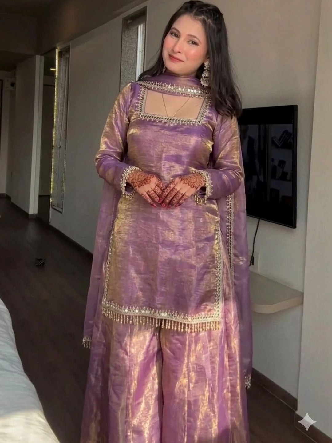 Sharara creations Women Regular Mirror Work Kurta with Palazzos & With Dupatta