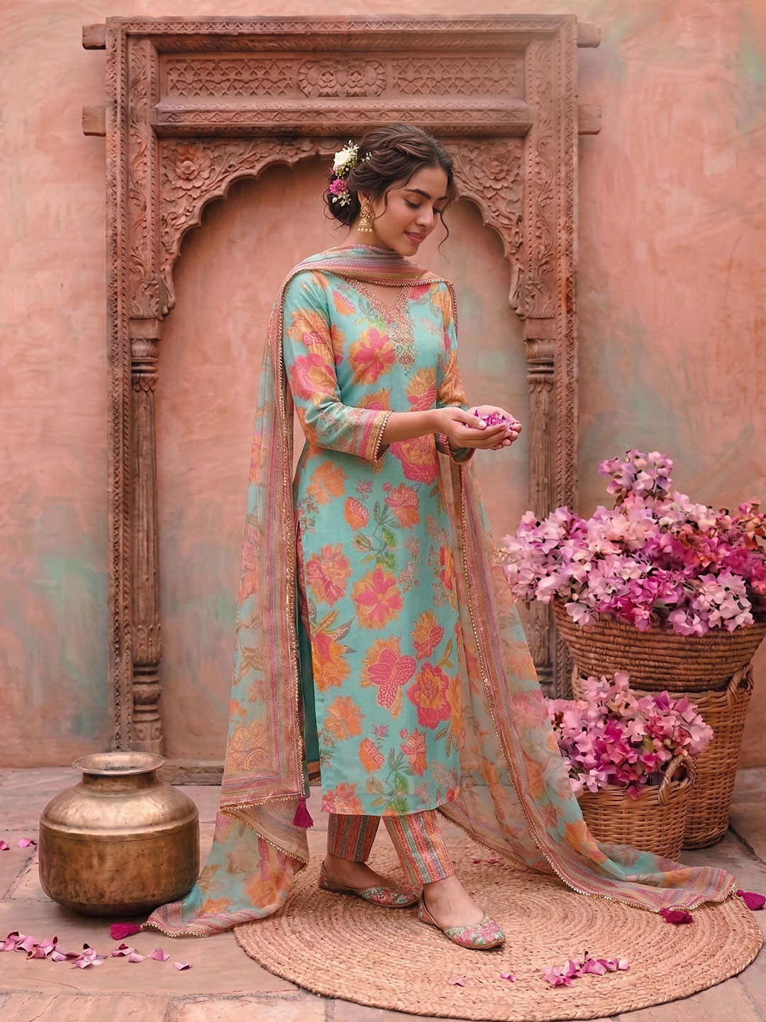 NAVYAAZRI Women Floral Printed Regular Thread Work Kurta with Trousers & With Dupatta