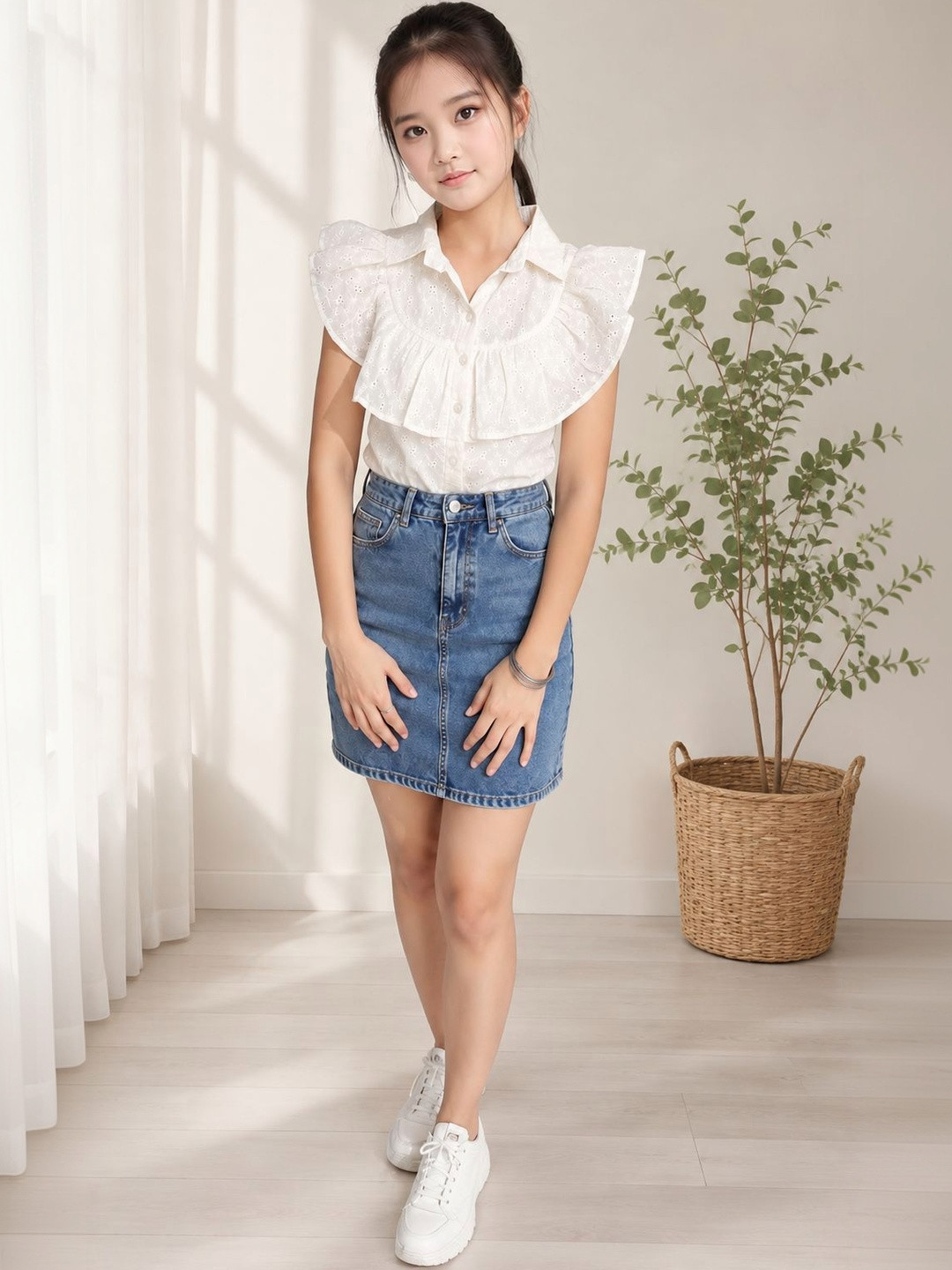BAESD Embellished Embroidered Ruffles Cotton Blend Top