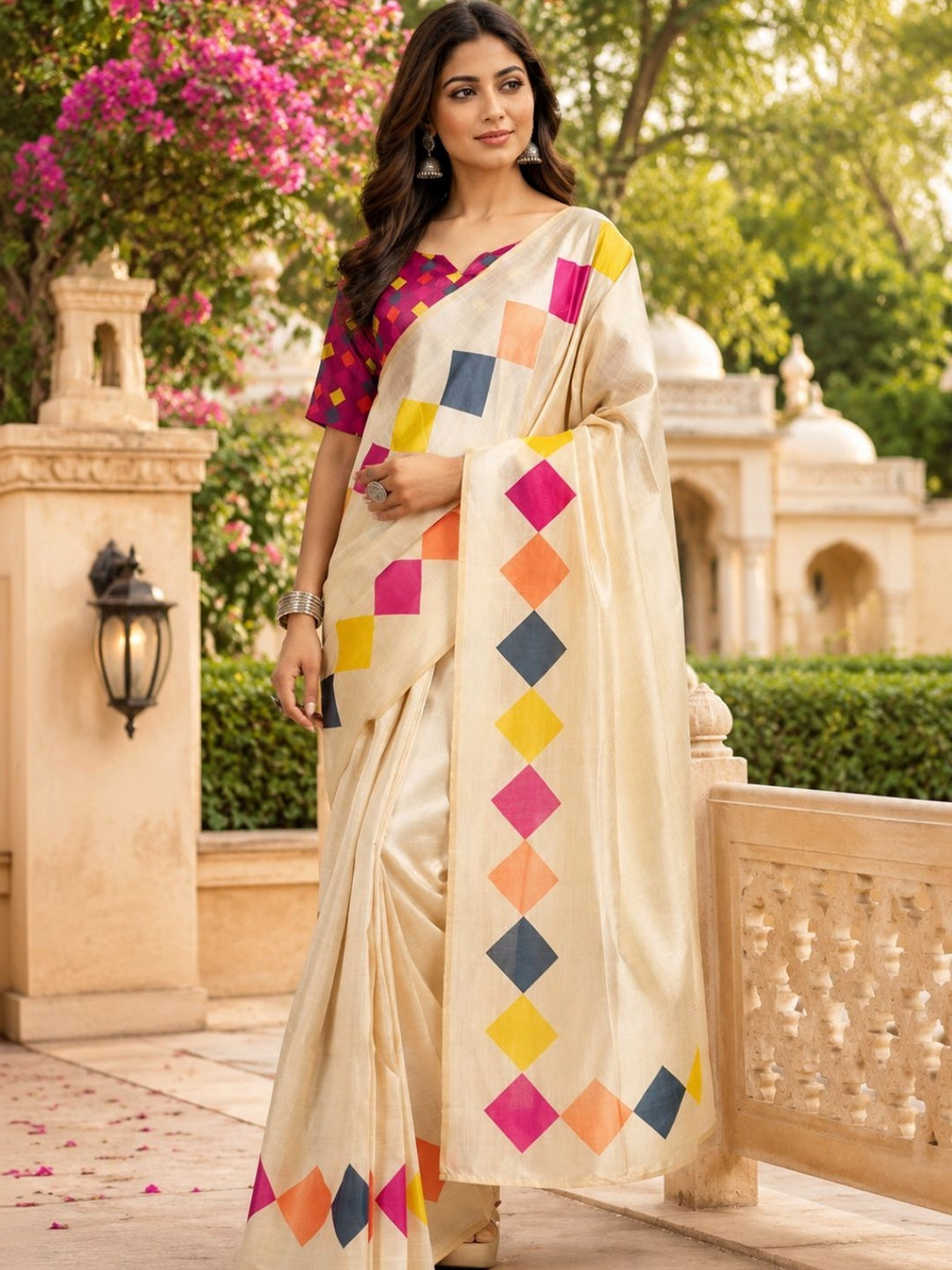 Sangria White Printed Chanderi Cotton Ready to Wear Saree