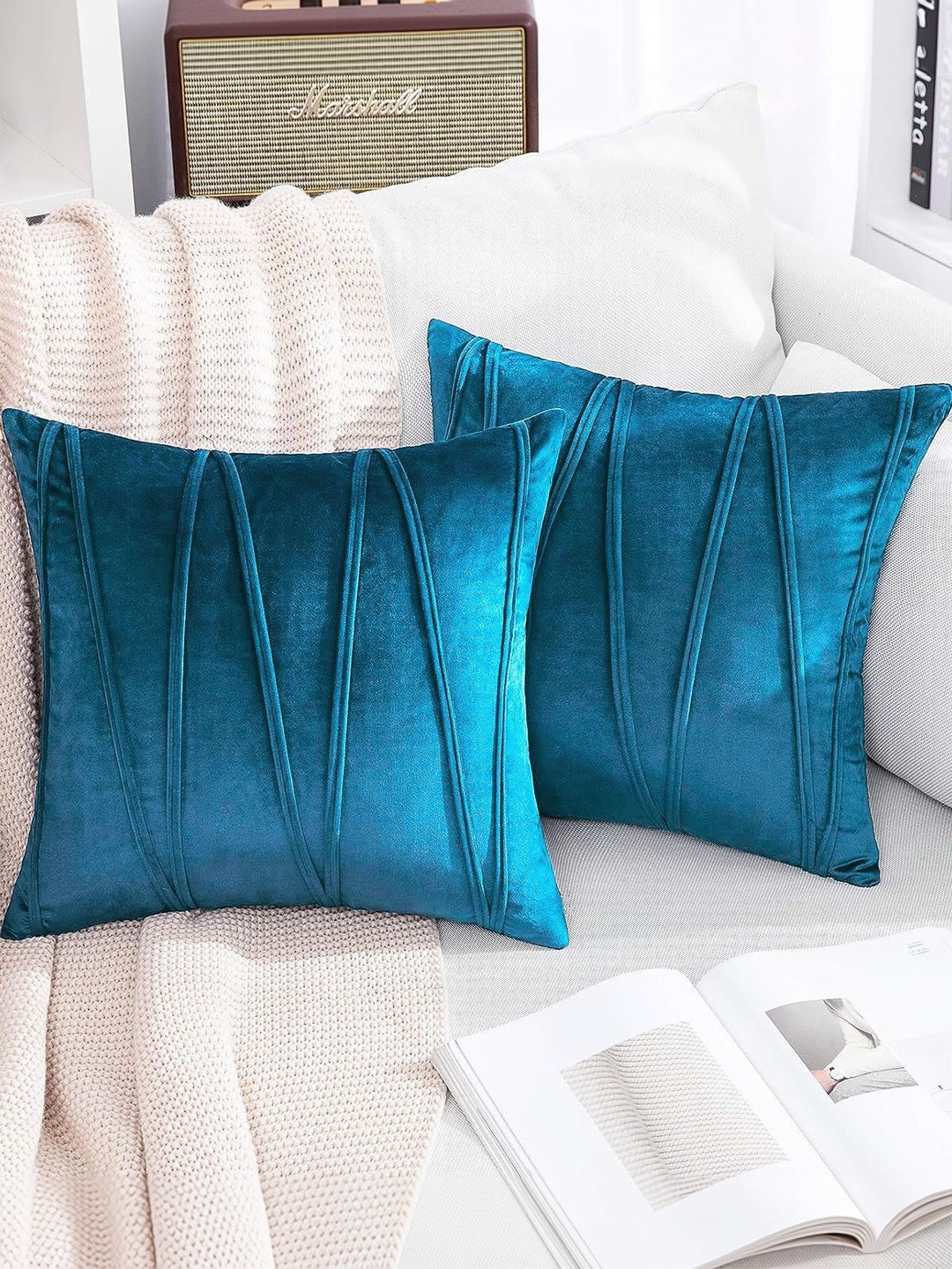 Khooti Turquoise Blue Set of 2 Velvet Square Cushion Covers