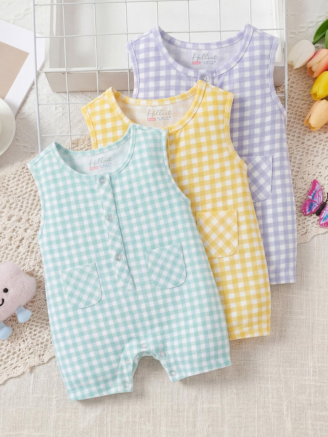 HELLCAT Infants Pack Of 3 Checked Cotton Round Neck Rompers