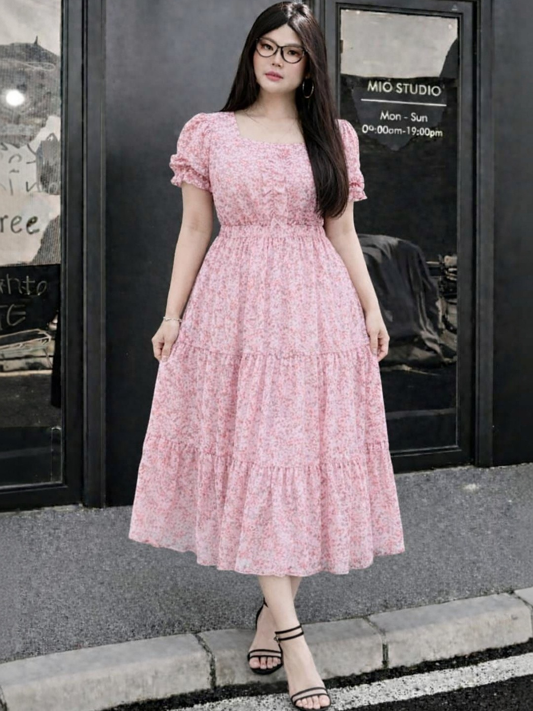 RKK COLLECTION Floral Print Puff Sleeve Crepe A-Line Midi Dress