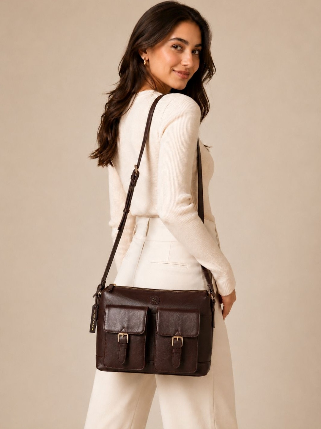 Tortoise Textured Leather Water Resistant Structured Sling Bag