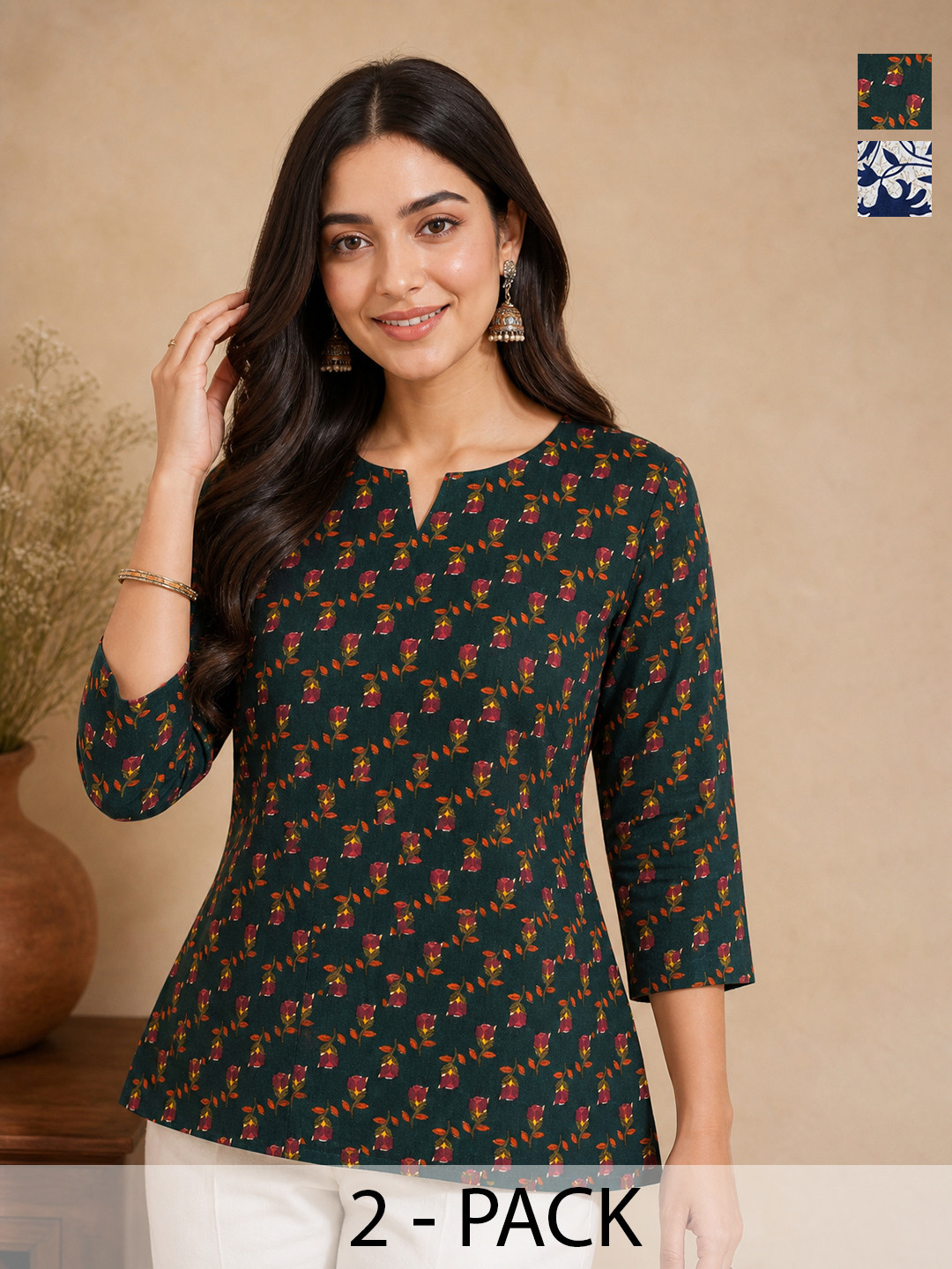 JANKHANA Pack Of 2 Floral Printed V-Neck Kurtis