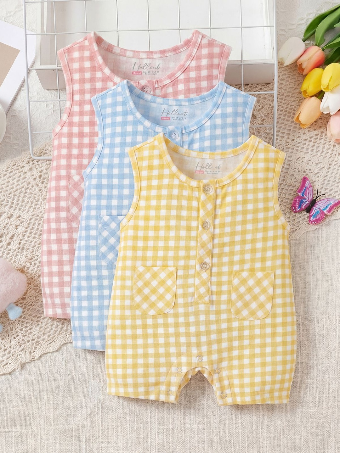 HELLCAT Infants Pack of 3 Checked Rompers
