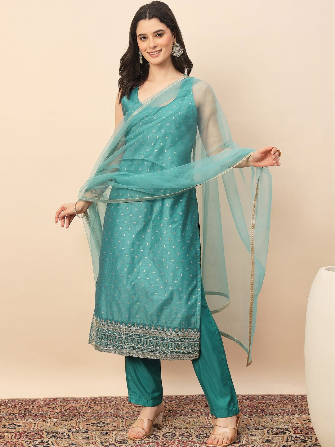 House of Pataudi Women Regular Chanderi Cotton Kurta with Trousers & With Dupatta