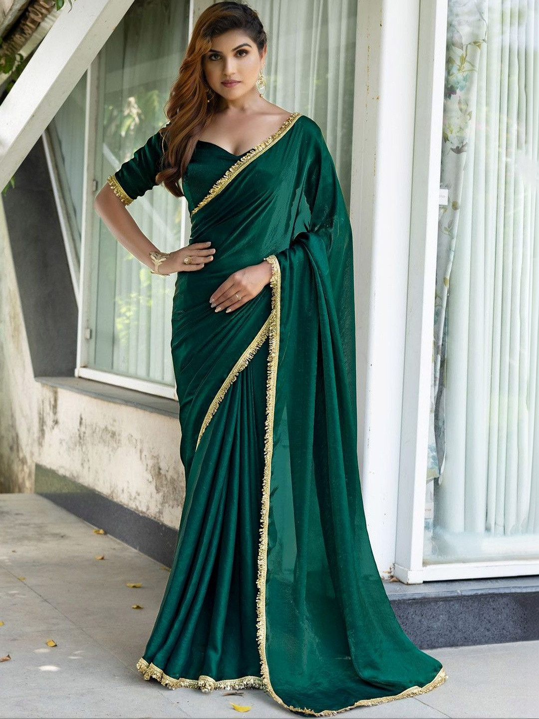 Branzios Sequinned Satin Heavy Work Saree