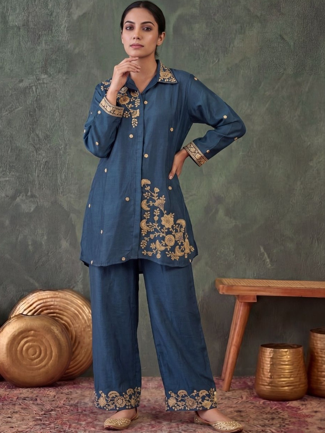 Indyanvastra Silk Embroidered Top with Trousers
